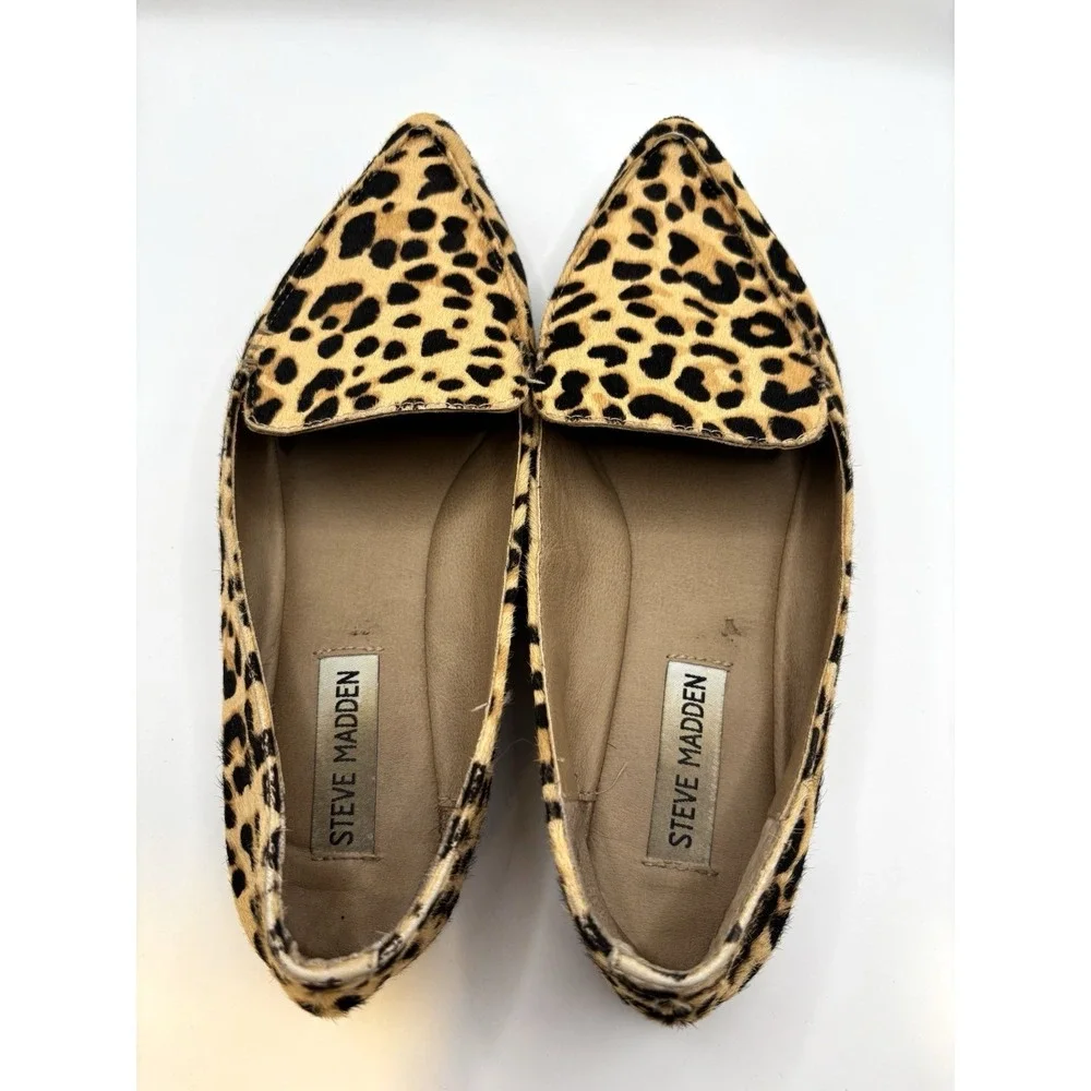 Steve Madden Feather-L Calf Hair Loafers Leopard Print Pointed Toe Sz 6.5‎